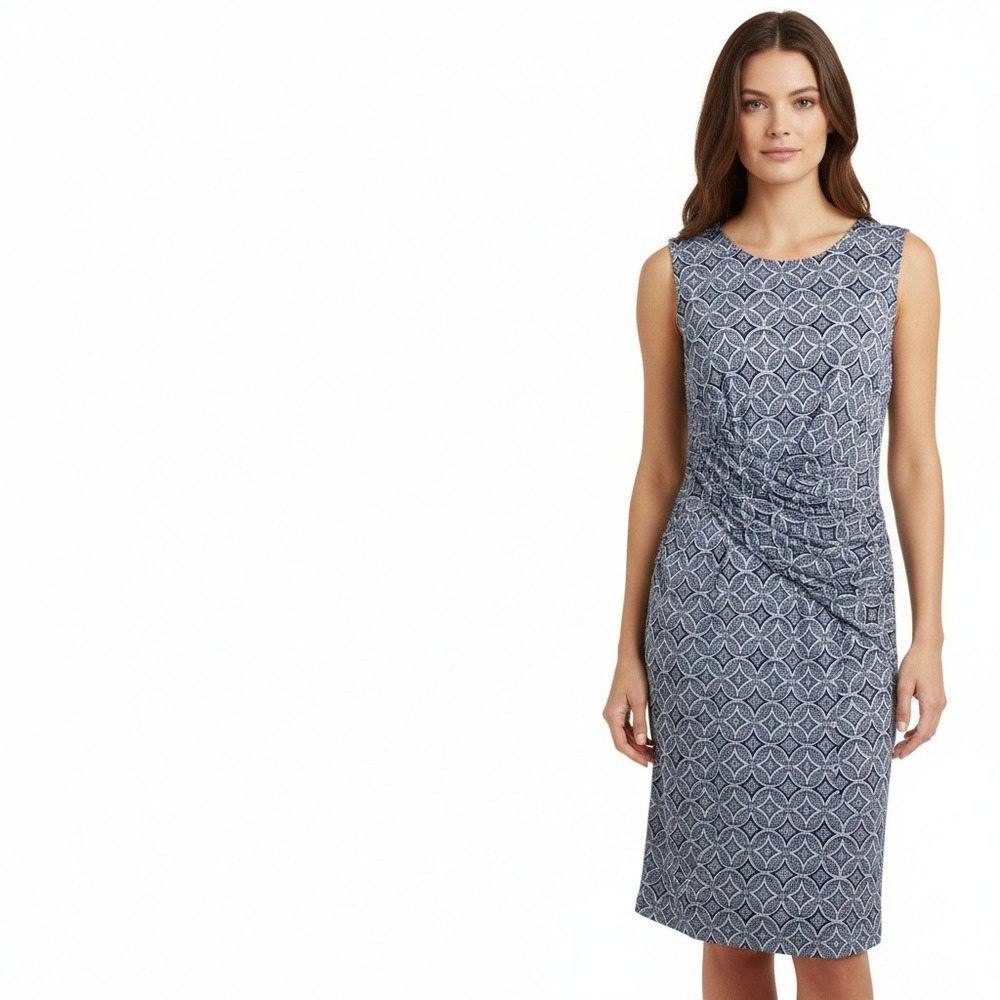 KUT from the Kloth Blue White Geometric Ruched Sleeveless Midi Dress Size 10